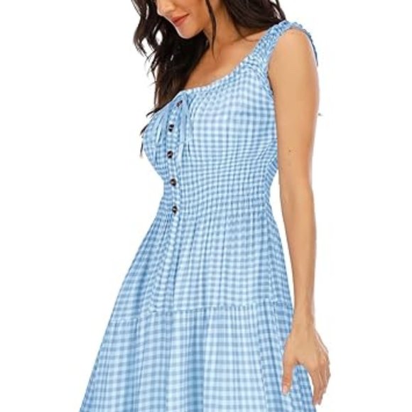 Retro Sky Blue Gingham Picnic Dress Tiered Maxi Long Prairie Sundress 50s 60s - Picture 5 of 11